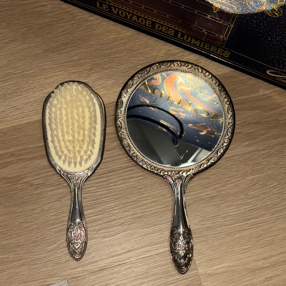 Vintage Estate Silver Handheld Vanity Mirror and Hair Brush